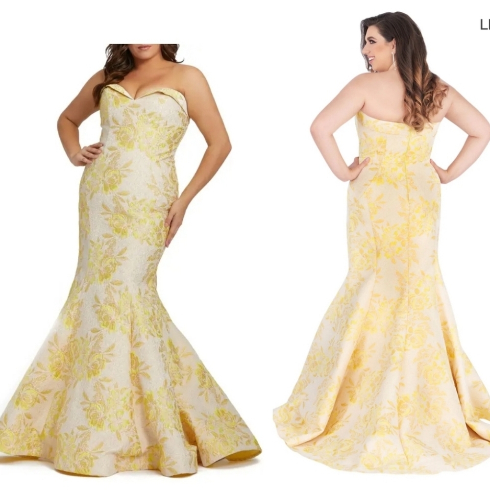 Mac Duggal 66801F Yellow Strapless Metallic Floral Brocade Mermaid Dress 16W NWT